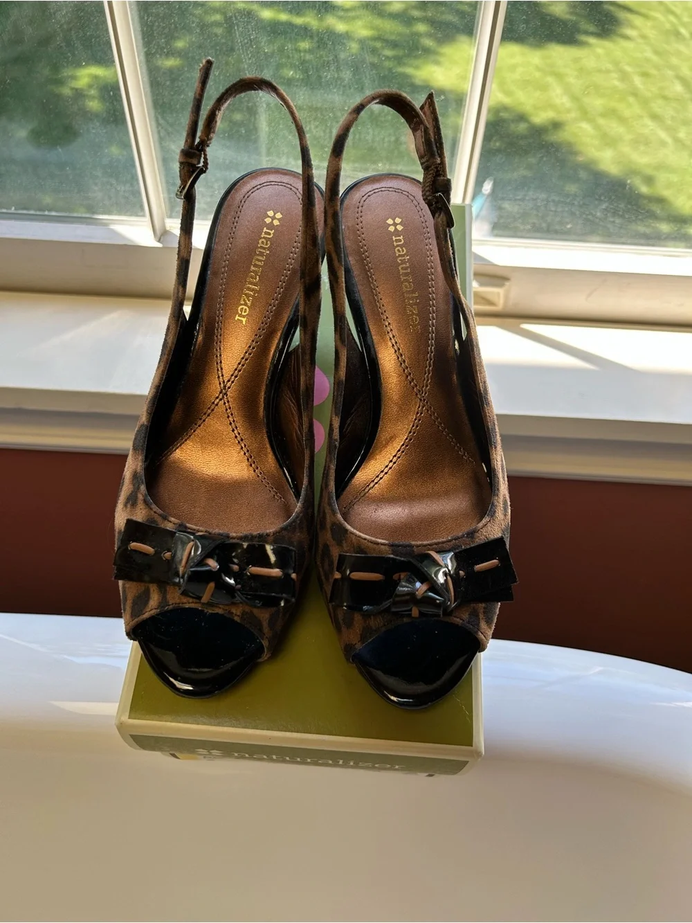 Naturalizer Leopard-Print Slingback Peep-Toe Heels - Brown/Black